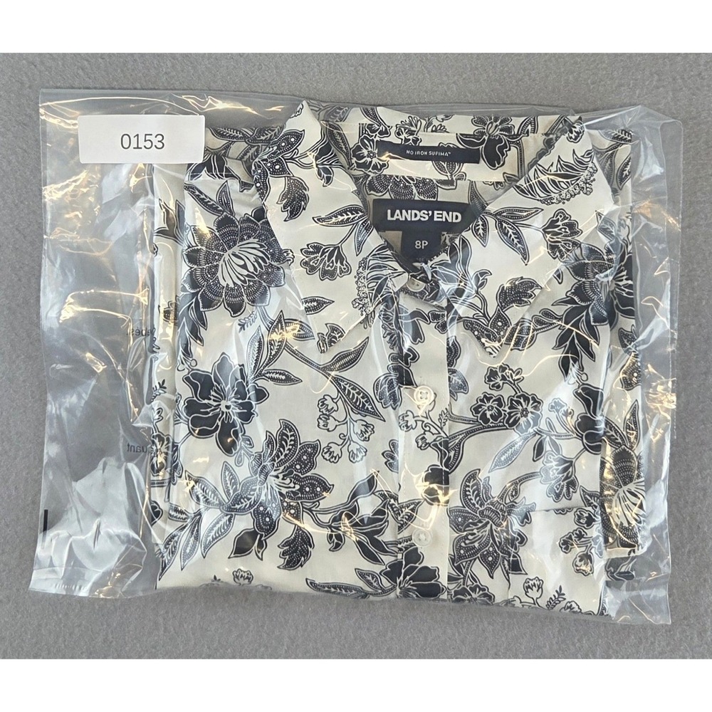 Lands' End Supima Cotton Floral Button Down Shirt White Black 8P Coastal Chic - Picture 10 of 10